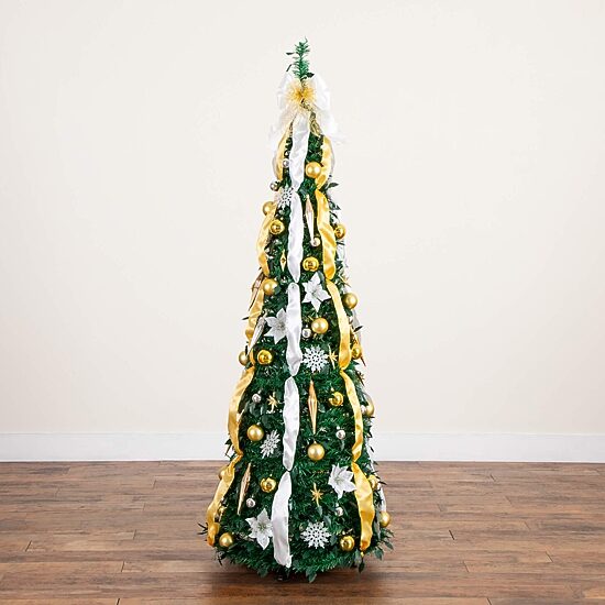 Nearly Natural 6 Foot Pre-Lit Collapsible Pre-Decorated Pine Christmas Tree