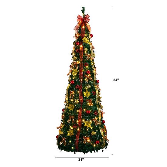 Nearly Natural 7 Foot Pre-Lit Collapsible Pre-Decorated Pine Christmas Tree