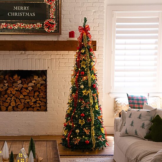Nearly Natural 7 Foot Pre-Lit Collapsible Pre-Decorated Pine Christmas Tree