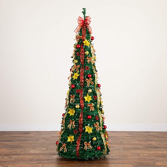 Nearly Natural 7 Foot Pre-Lit Collapsible Pre-Decorated Pine Christmas Tree
