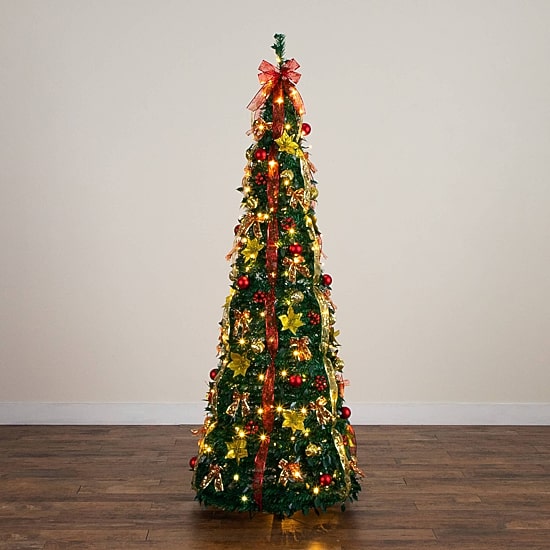 Nearly Natural 7 Foot Pre-Lit Collapsible Pre-Decorated Pine Christmas Tree