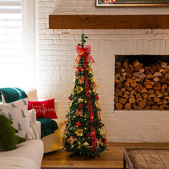 Nearly Natural 5 Foot Pre-Lit Collapsible Pre-Decorated Pine Christmas Tree