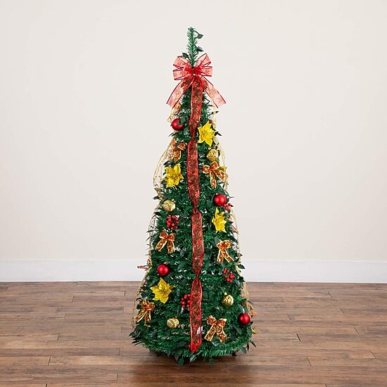 Nearly Natural 5 Foot Pre-Lit Collapsible Pre-Decorated Pine Christmas Tree