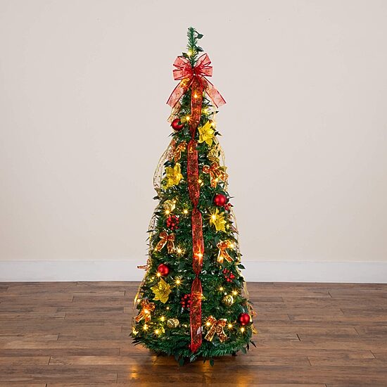 Nearly Natural 5 Foot Pre-Lit Collapsible Pre-Decorated Pine Christmas Tree