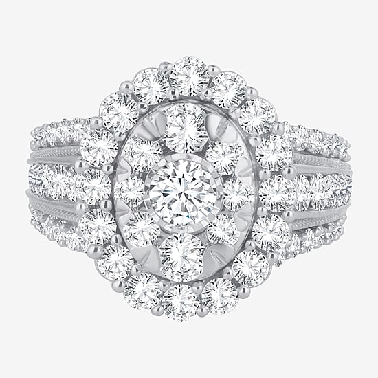 (I / Si1-Si2) Womens 3 CT. T.W. Lab Grown White Diamond 10K Gold Oval Side Stone Halo Engagement Ring