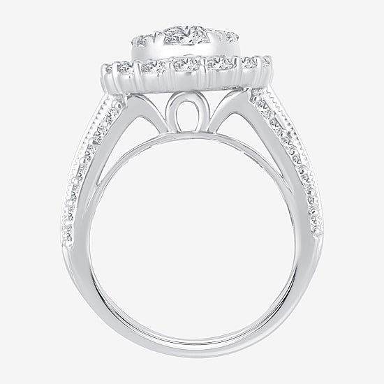 (I / Si1-Si2) Womens 3 CT. T.W. Lab Grown White Diamond 10K Gold Oval Side Stone Halo Engagement Ring