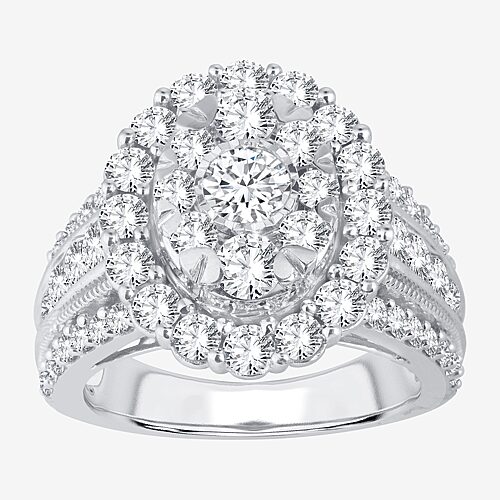 (I / Si1-Si2) Womens 3 CT. T.W. Lab Grown White Diamond 10K Gold Oval Side Stone Halo Engagement Ring, 8, White