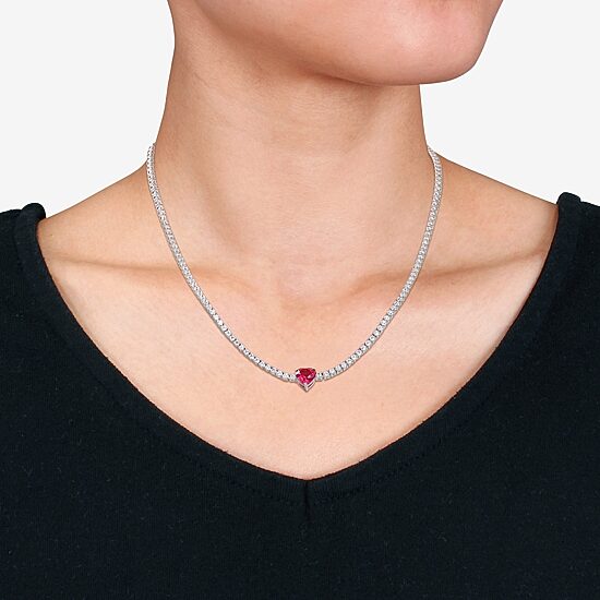 Womens Red Ruby Sterling Silver 15 Inch Tennis Necklace