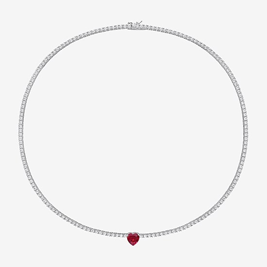 Womens Red Ruby Sterling Silver 15 Inch Tennis Necklace