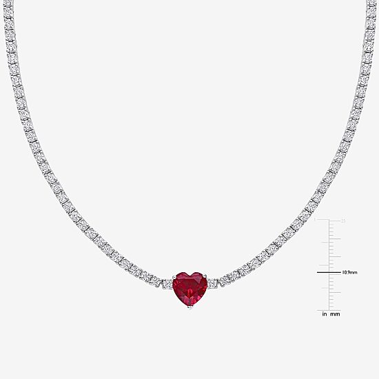 Womens Red Ruby Sterling Silver 15 Inch Tennis Necklace