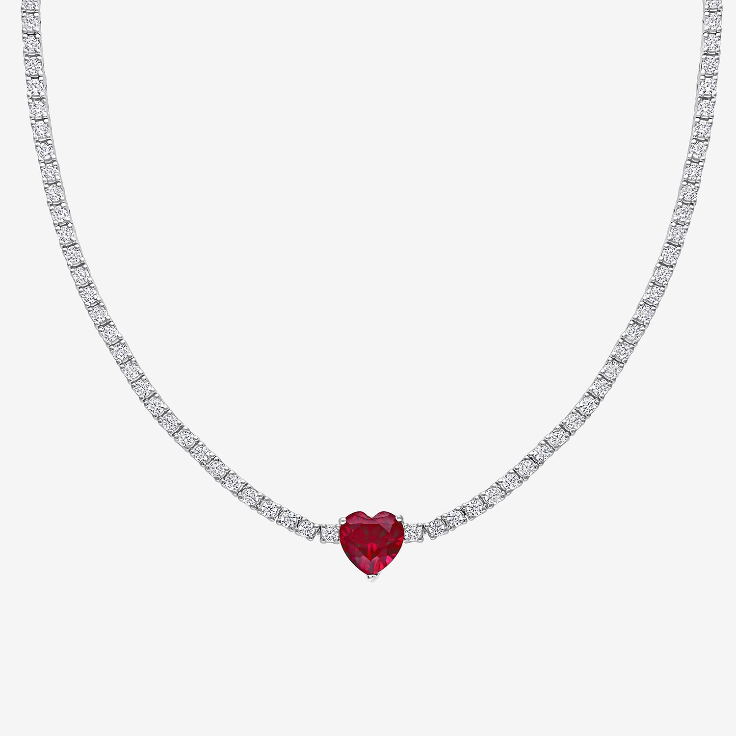 Womens Red Ruby Sterling Silver 15 Inch Tennis Necklace