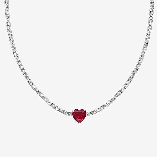 Womens Red Ruby Sterling Silver 15 Inch Tennis Necklace