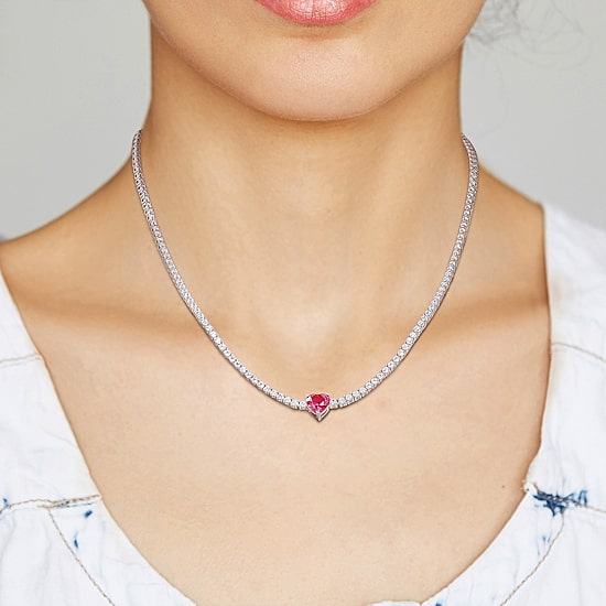 Womens Red Ruby Sterling Silver 15 Inch Tennis Necklace