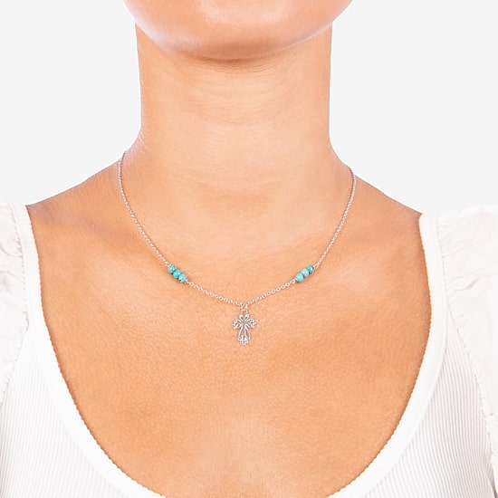 Womens Enhanced Blue Turquoise Sterling Silver Cross Round 16 Inch Pendant Necklace