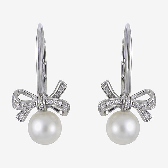 Womens White Cultured Freshwater Pearl Sterling Silver Bow Drop Earrings