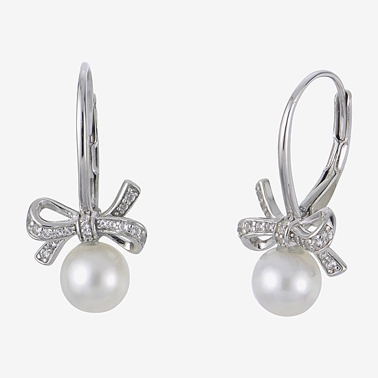 Womens White Cultured Freshwater Pearl Sterling Silver Bow Drop Earrings
