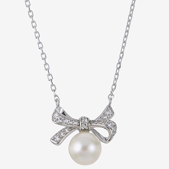 Womens White Cultured Freshwater Pearl Sterling Silver Bow 18 Inch Pendant Necklace