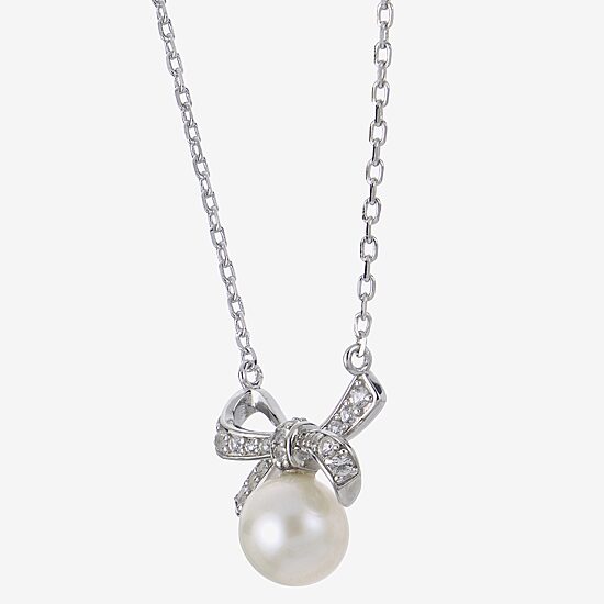 Womens White Cultured Freshwater Pearl Sterling Silver Bow 18 Inch Pendant Necklace