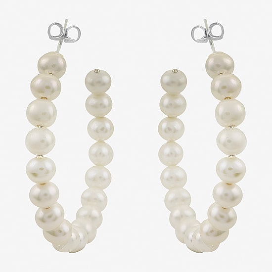 Womens White Cultured Freshwater Pearl Sterling Silver 40mm Hoop Earrings