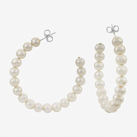 Womens White Cultured Freshwater Pearl Sterling Silver 40mm Hoop Earrings