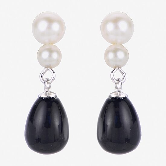 Womens Black Onyx Cultured Freshwater Pearl Sterling Silver Drop Earrings