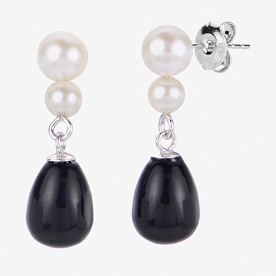 Womens Black Onyx Cultured Freshwater Pearl Sterling Silver Drop Earrings