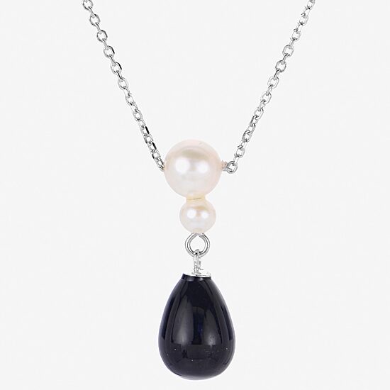 Womens Black Onyx Cultured Freshwater Pearl Sterling Silver 18 Inch Pendant Necklace