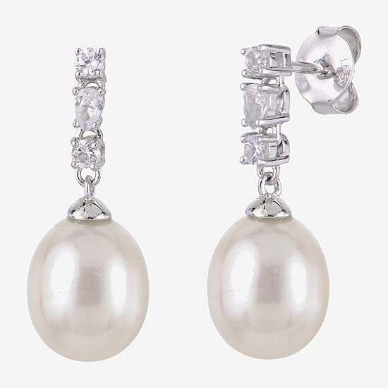 Womens White Cultured Freshwater Pearl Sterling Silver Drop Earrings