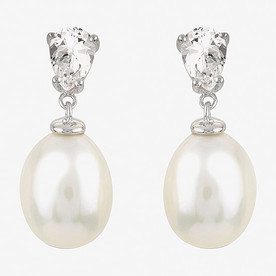 Womens White Cultured Freshwater Pearl Sterling Silver Pear Drop Earrings