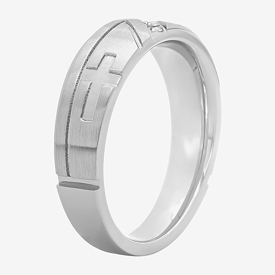  Mens Diamond-Accent Cross Stainless Steel 8mm Wedding Band