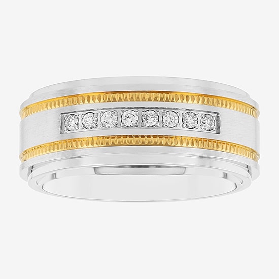 Mens Two-Tone Stainless Steel 1/7 CT.T.W. Natural Diamond Wedding Band