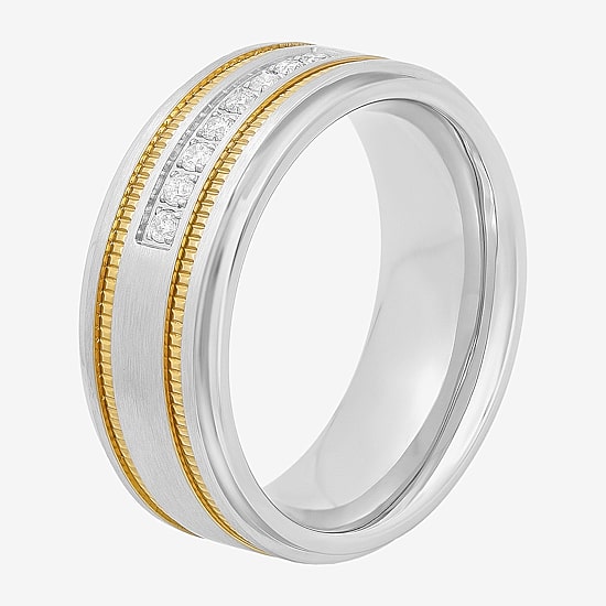 Mens Two-Tone Stainless Steel 1/7 CT.T.W. Natural Diamond Wedding Band