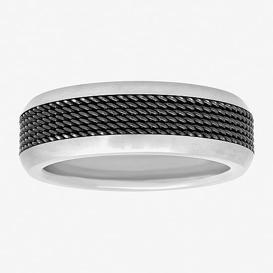  Mens Comfort-Fit Titanium & Black Mesh Ring