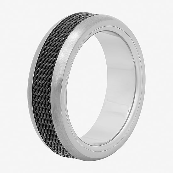  Mens Comfort-Fit Titanium & Black Mesh Ring