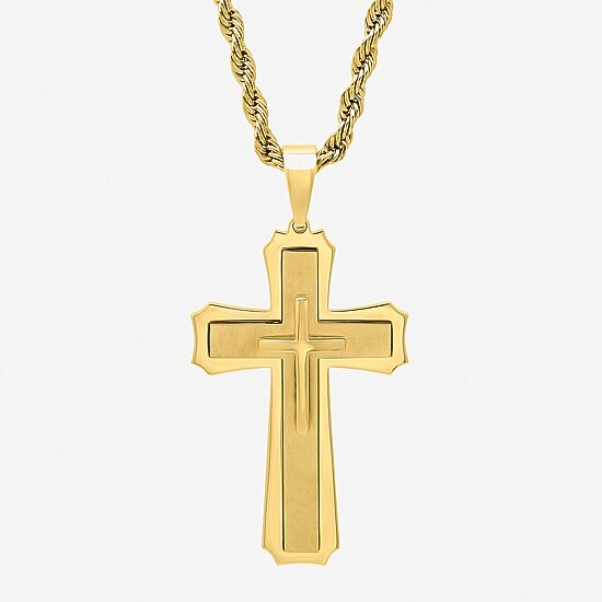 Mens Gold-Tone Ion-Plated Stainless Steel Cross Pendant Necklace