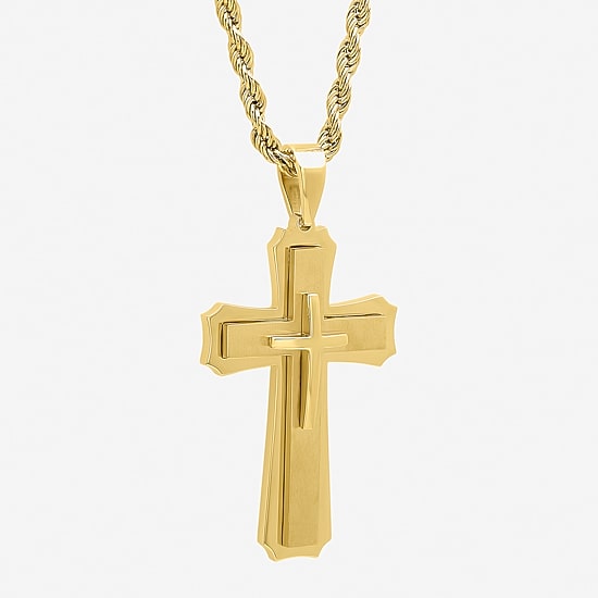Mens Gold-Tone Ion-Plated Stainless Steel Cross Pendant Necklace