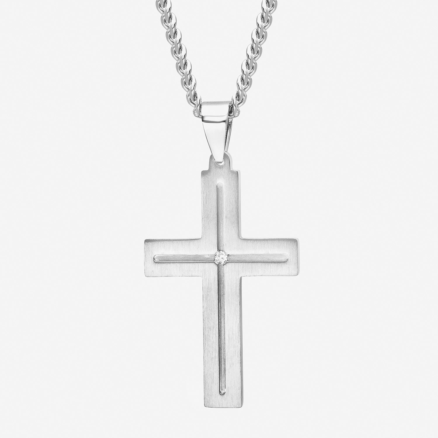 Mens Diamond-Accent Stainless Steel Cross Pendant Necklace