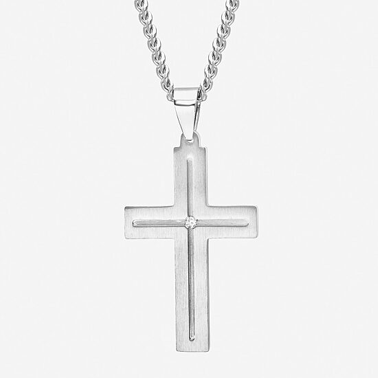 Mens Diamond-Accent Stainless Steel Cross Pendant Necklace