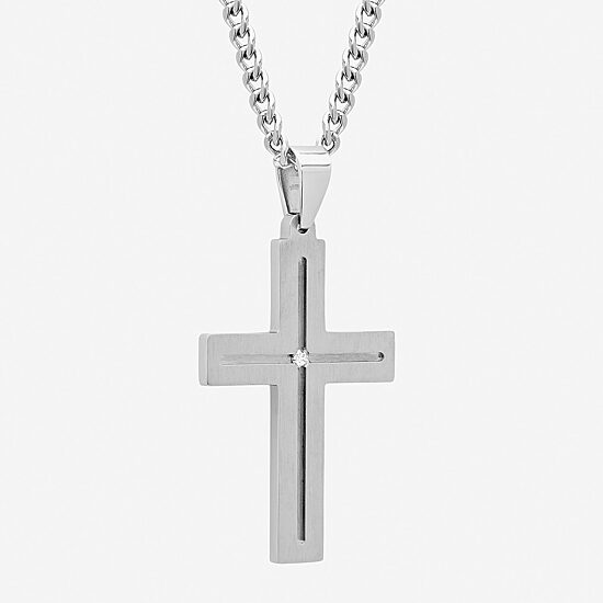 Mens Diamond-Accent Stainless Steel Cross Pendant Necklace