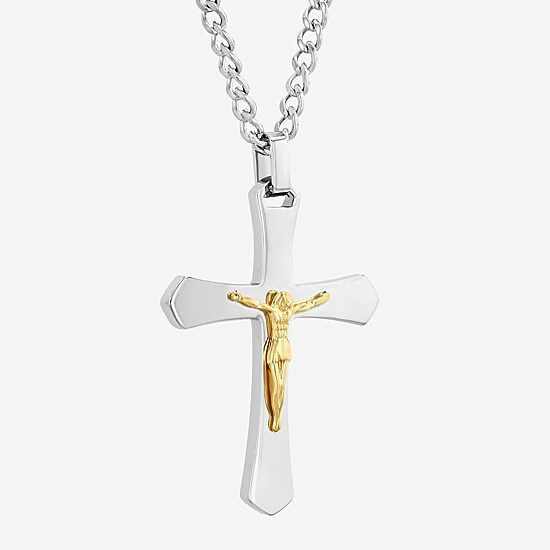 Mens Two-Tone Stainless Steel Crucifix Pendant Necklace