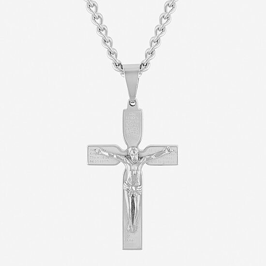 Mens Stainless Steel Lord's Prayer Crucifix Cross Pendant Necklace