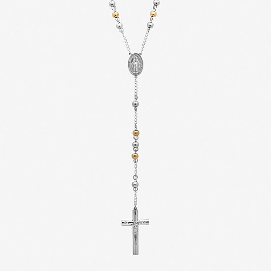 Two-Tone Stainless Steel Cross Rosary Necklace