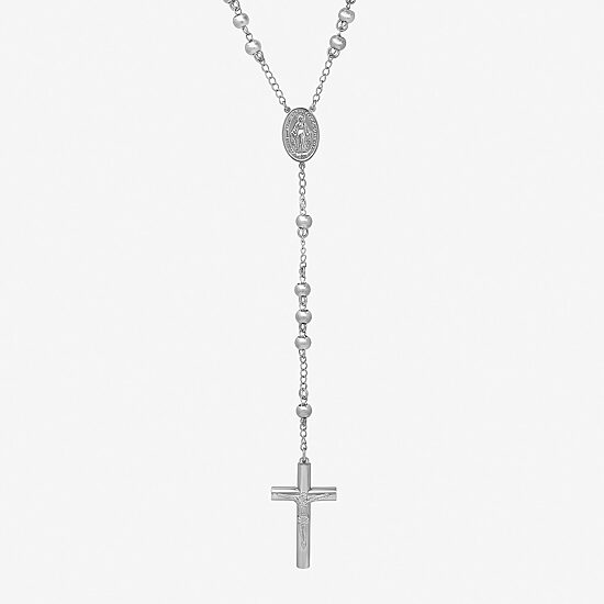Mens Stainless Steel 36” Cross Rosary Necklace