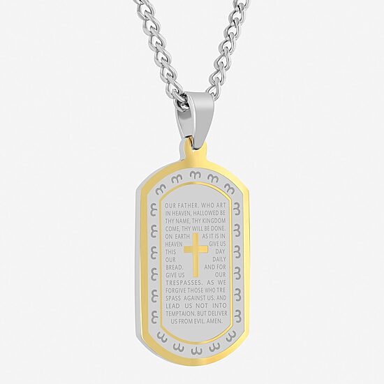 Mens Lord's Prayer Cross Dog Tag Stainless Steel Pendant Necklace