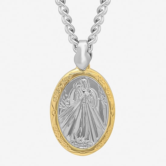 Mens Stainless Steel Divine Mercy Medallion Oval Pendant Necklace