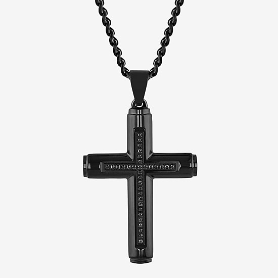 Mens 1/7 CT. T.W. Natural Black Diamond Stainless Steel Cross 24 Inch Pendant Necklace