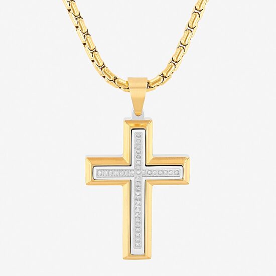Mens 1/5 CT. White Diamond Stainless Steel Cross 24 Inch Pendant Necklace