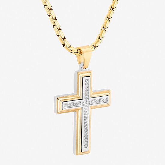 Mens 1/5 CT. White Diamond Stainless Steel Cross 24 Inch Pendant Necklace