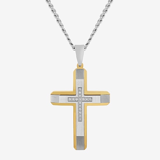 Mens 1/10 CT. T.W. Natural Diamond Stainless Steel Cross Pendant Necklace