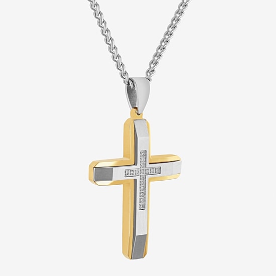 Mens 1/10 CT. T.W. Natural Diamond Stainless Steel Cross Pendant Necklace